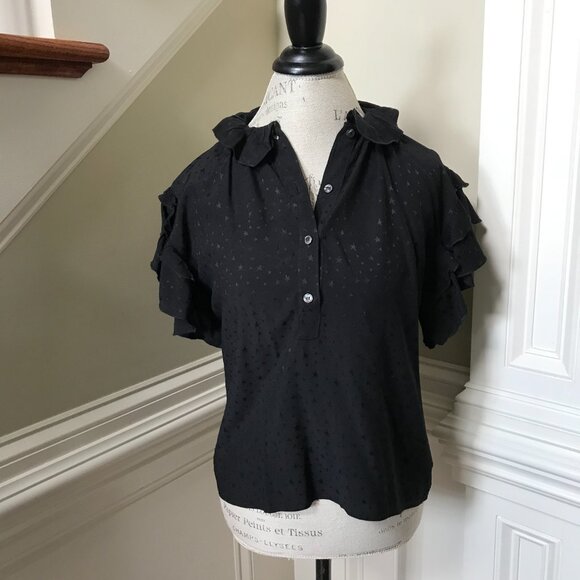 KOCH Popover Ruffle Blouse Top Shirt Womens XS Black Short Sleeve Button Front - Picture 11 of 11